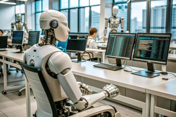 Humanoid Robot Working at Modern Office Desk with Advanced AI Technology