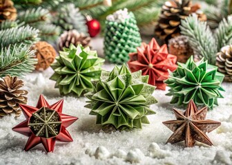 A festive holiday scene featuring intricately folded paper money ornaments in shades of green and red, arranged on a snowy white background with pinecones.