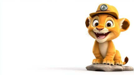 Naklejka premium Cute Cartoon Lion Cub Wearing Hard Hat Sitting on Rock