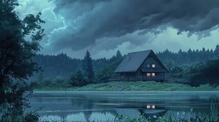 Fototapeta premium An idyllic cottage sits by a glassy lake as a storm looms overhead, delicate anime lines and muted colors enhance the tranquil yet tense mood