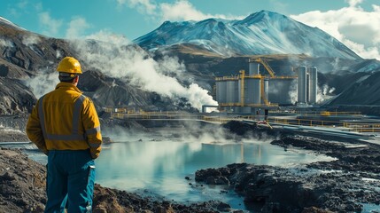 A worker in protective gear inspecting a geothermal energy plant in a mountainous region, representing sustainable energy and industrial technology.