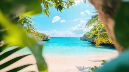 Naklejka premium A vibrant tropical beach with white sand and clear blue water. Palm trees and lush vegetation frame the scene.
