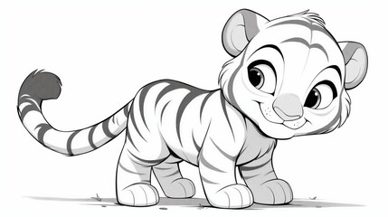 Coloring page of a cartoon tiger cub walking with a curious expression, drawn in a playful and cute style, suitable for children’s illustrations.