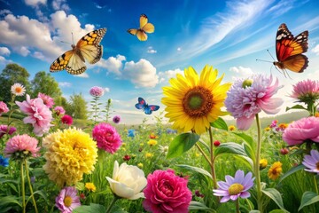Vibrant peonies, sunflowers, and daisies adorn a picturesque meadow, swaying gently in the breeze, surrounded by lush greenery and vibrant butterflies