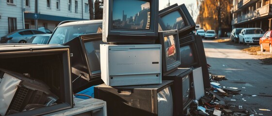 Vintage televisions stacked haphazardly on a city street, discarded electronics create a nostalgic yet chaotic scene under the fading urban sunlight.