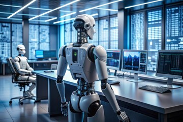 Humanoid Robot Working at Modern Office Desk with Advanced AI Technology