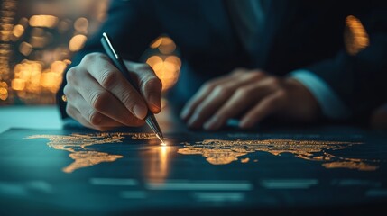 A businessman marking a point on a world map with a glowing pen, symbolizing international strategy, global business, and corporate planning.