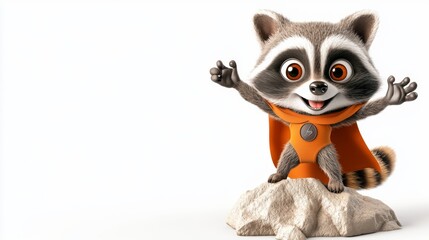Obraz premium Cartoon Raccoon Superhero Standing On Rock