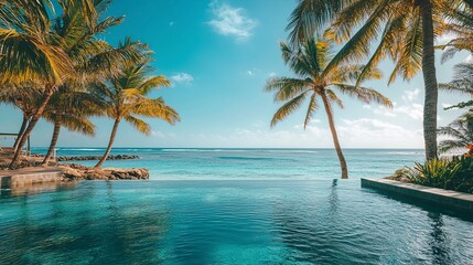 Naklejka premium A serene beach view featuring palm trees and a tranquil infinity pool by the ocean.