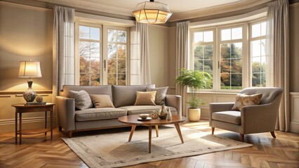 Softly lit bay window with plush gray sofa, cream-colored armchair, and rich wood coffee table in a cozy living room with warm beige walls and floor.