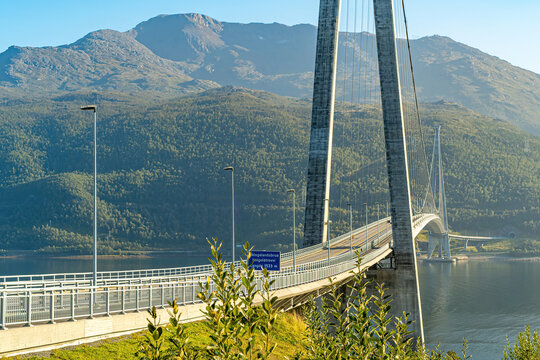 Close up shot of the suspension Halogaland bridge called "gate to Lofoten".