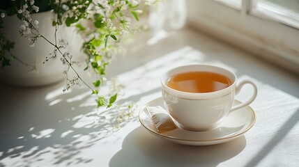 Serene Tea Time Setting with Teacup and Tea Bag on Saucer in Bright Room, Copy Space for Text Concept