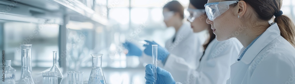Poster a group of scientists in lab coats performing experiments in a bright laboratory, focused on their w