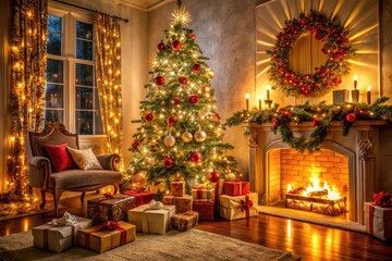 A festively decorated Christmas tree overflows with ornate gifts, garlands, and sparkling lights, surrounded by a warm and cozy living room atmosphere.