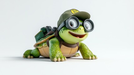 Fototapeta premium Cute Turtle with Binoculars and Cap for Adventure