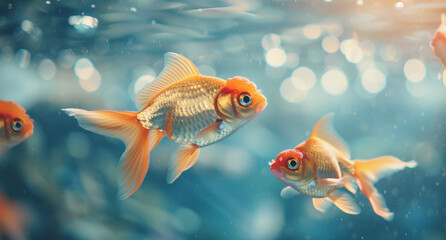 Fototapeta premium A lovely goldfish is happily swimming in a tank alongside other fish