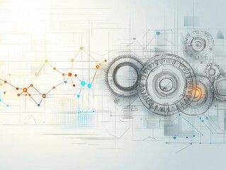 Obraz premium A modern, abstract digital design featuring graphs, gears, and data visualizations, symbolizing technology and analytics.