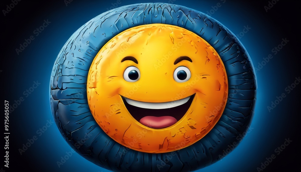 Poster A bright yellow smiling emoji is embedded in a tire, illuminated by blue lighting. This unique and striking image blends elements of automotive and digital design, creating a visually appealing