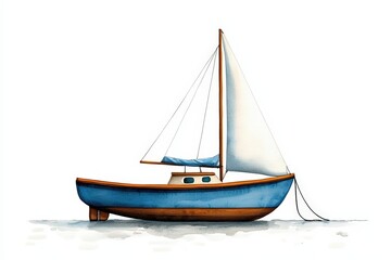 Fototapeta premium A serene illustration of a blue sailboat gently floating on calm waters, capturing a tranquil maritime scene.