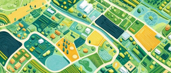 A vibrant aerial view of a farmland landscape, featuring various fields, crops, and patches of trees in a colorful, geometric pattern.