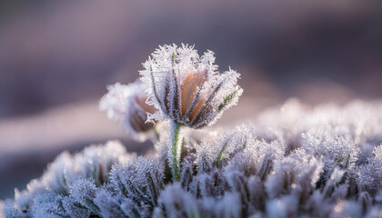 Close up of a frozen flower bud among other flowers with a blurred lilac colored background.