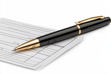 Naklejka premium A sleek black pen rests atop neatly arranged papers, symbolizing professionalism and attention to detail in work.
