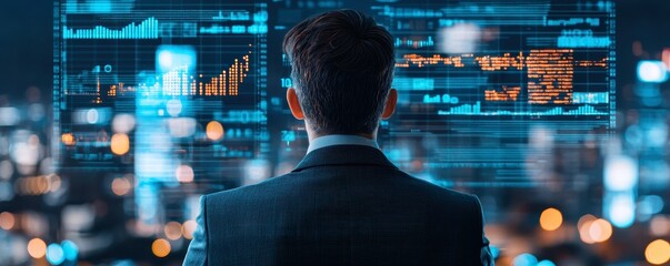 A man in a suit observes digital data visualizations against a night city backdrop, illustrating the intersection of technology and business analytics.