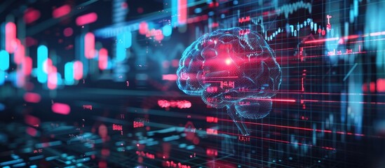 Obraz premium Futuristic digital data and finance analysis visualization with brain symbolism Conceptual image representing advanced intelligence and complex data analysis for business and investment strategies