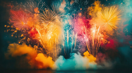 Fireworks explode in brilliant colors over the river, lighting up both the sky and the water in a mesmerizing display.