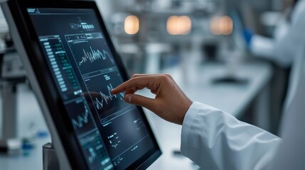 A hand interacts with a touchscreen displaying complex data graphs in a lab setting, highlighting advanced technology and data analysis.