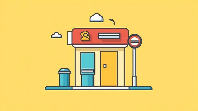 recommend clip art: Colorful Flat Design Illustration of a Small Building with a Stop Sign