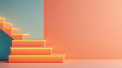 Abstract staircase made of bright neon lines leading upward, representing creative business success, climbing to success, innovation in business