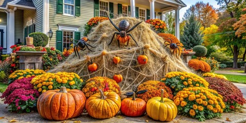 A harvest-themed Halloween display features a giant haystack adorned with artificial spider webs, plastic spiders, and autumnal flowers in a festive fall front yard setting.
