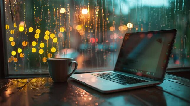 Cup of coffee and laptop on a table by the window, with raindrops on the glass and a cozy ambiance inside
 Seamless looping 4k time-lapse virtual video animation Generated AI