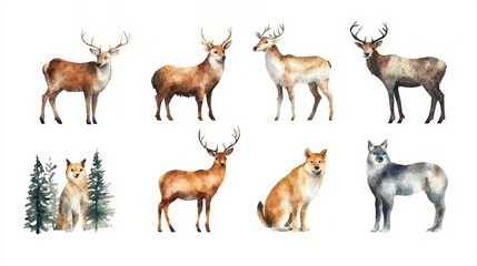 A stunning watercolor illustration featuring various deer and a wolf in a forest setting, ideal for nature enthusiasts.