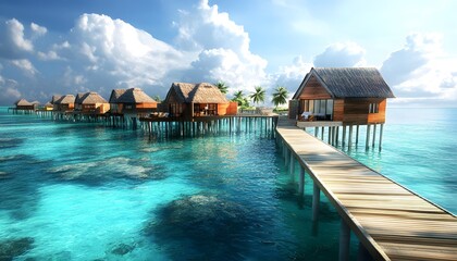 Overwater bungalows embracing the azure ocean, a tropical paradise of tranquility and luxury. The concept of travel, vacation, relaxation.