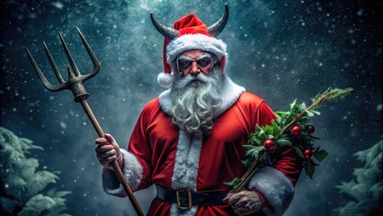 Obraz premium A horned, crimson-skinned figure in a Santa suit and festive hat holds a pitchfork amidst holly and mistletoe, surrounded by dark, eerie winter scenery.