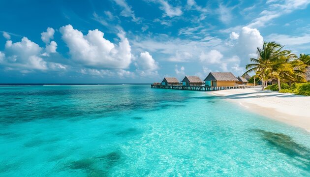 Overwater bungalows embracing the azure ocean, a tropical paradise of tranquility and luxury. The concept of travel, vacation, relaxation.