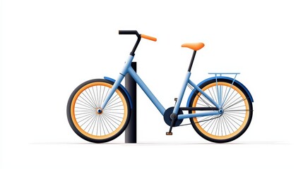 Fototapeta premium A stylish blue bicycle with orange accents, parked elegantly beside a pole on a white background, ideal for urban lifestyle themes.