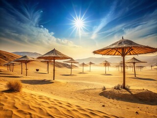 "Sizzled sand and sun-kissed skin, dry landscape stretching to the horizon, scorching heat haze, forgotten umbrellas, and parched vegetation."