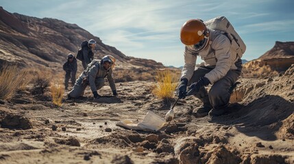 Space archaeology in action, with scientists studying artifacts from early space missions and exploring the history of human space exploration.