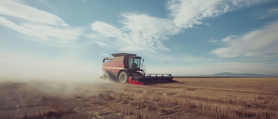 A red combine harvester works diligently in a vast field, raising a trail of dust under a brilliant blue sky scattered with wispy clouds.
