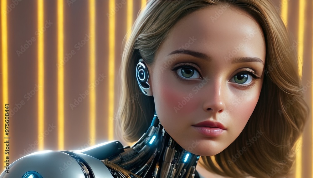 Poster a highly realistic humanoid robot with expressive eyes, showcasing advanced robotics and artificial 