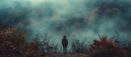Fototapeta premium Lone silhouette of a person walking along a trail through a mysterious misty forest during the autumn season The moody atmospheric scene evokes a sense of solitude contemplation