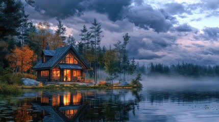 Fototapeta premium Cozy lakeside cottage under a stormy sky, the wind begins to stir the trees as reflections ripple on the water, anime-inspired scenery