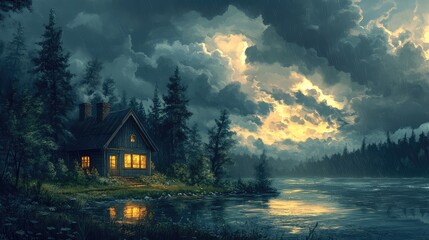 Fototapeta premium Cottage by the lake under a brewing storm, anime-style rendering with glowing clouds and wind-swept trees in a tranquil yet intense setting
