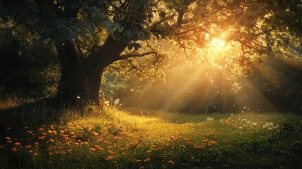 Obraz premium Sunlight Filtering Through a Forest Canopy