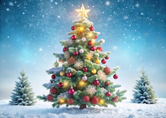 Obraz premium A majestic, snow-flocked Christmas tree stands tall, adorned with vibrant ornaments, twinkling lights, and a shimmering star topper, against a soft, creamy white background.