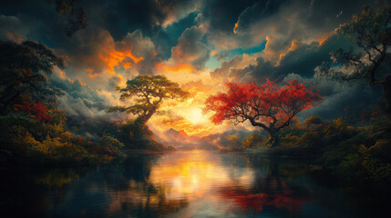 The blazing sun sets behind the horizon, casting a warm glow over the entire landscape and sky.