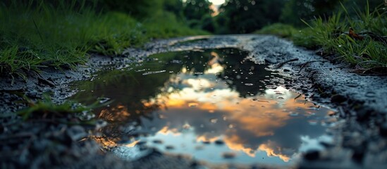 Obraz premium Serene countryside landscape reflected in a puddle on a wet road during the golden hour sunset The tranquil scene features a vibrant sky with clouds mirrored in the still water